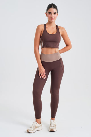 Leggings Largos Marrones con Bolsillos y Cintura Compresiva
