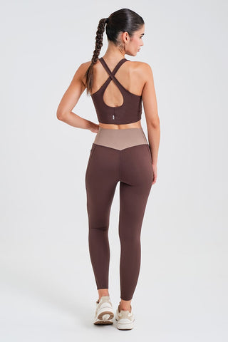 Leggings Largos Marrones con Bolsillos y Cintura Compresiva