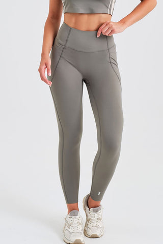 Leggings Largos Grises con Bolsillos y Cintura Compresiva