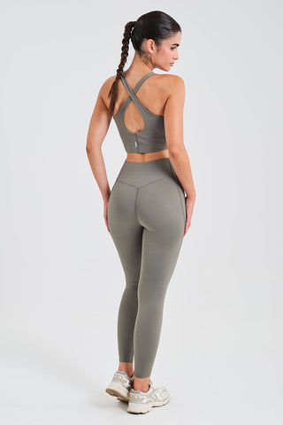 Leggings Largos Grises con Bolsillos y Cintura Compresiva