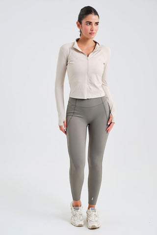 Chaqueta Deportiva Ajustada con Cremallera Beige