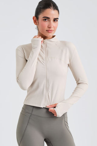 Chaqueta Deportiva Ajustada con Cremallera Beige