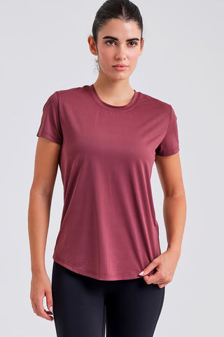 Camiseta Holgada Burdeos con Detalles Fruncidos y Tejido Técnico