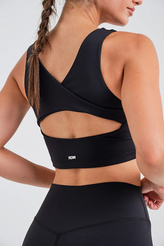 Top Deportivo Negro con Espalda Camiseta Cruzada, Relleno y Contraste