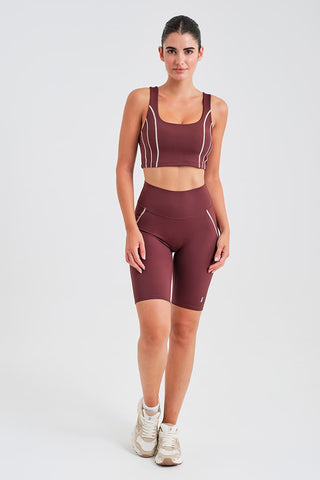 Leggings Ciclistas Burdeos con Cintura Compresiva y Detalle en Contraste