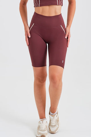 Leggings Ciclistas Burdeos con Cintura Compresiva y Detalle en Contraste
