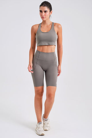 Leggings Ciclistas Grises con Bolsillos y Cintura Compresiva