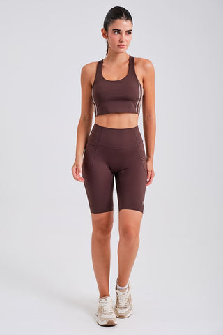 Leggings Ciclistas Marrones con Bolsillos y Cintura Compresiva