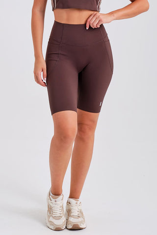 Leggings Ciclistas Marrones con Bolsillos y Cintura Compresiva