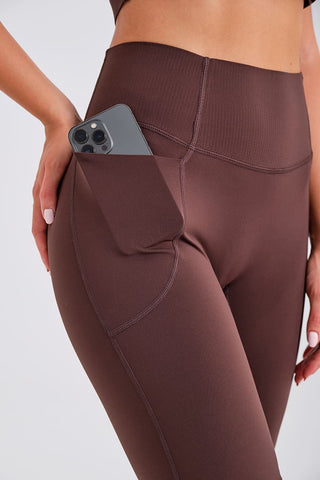 Leggings Ciclistas Marrones con Bolsillos y Cintura Compresiva