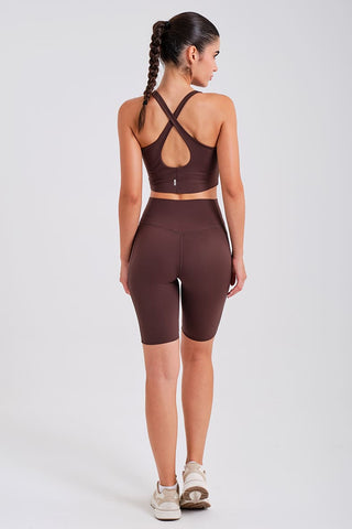 Leggings Ciclistas Marrones con Bolsillos y Cintura Compresiva