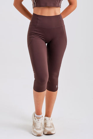 Leggings Medios Marrones con Bolsillos y Cintura Compresiva